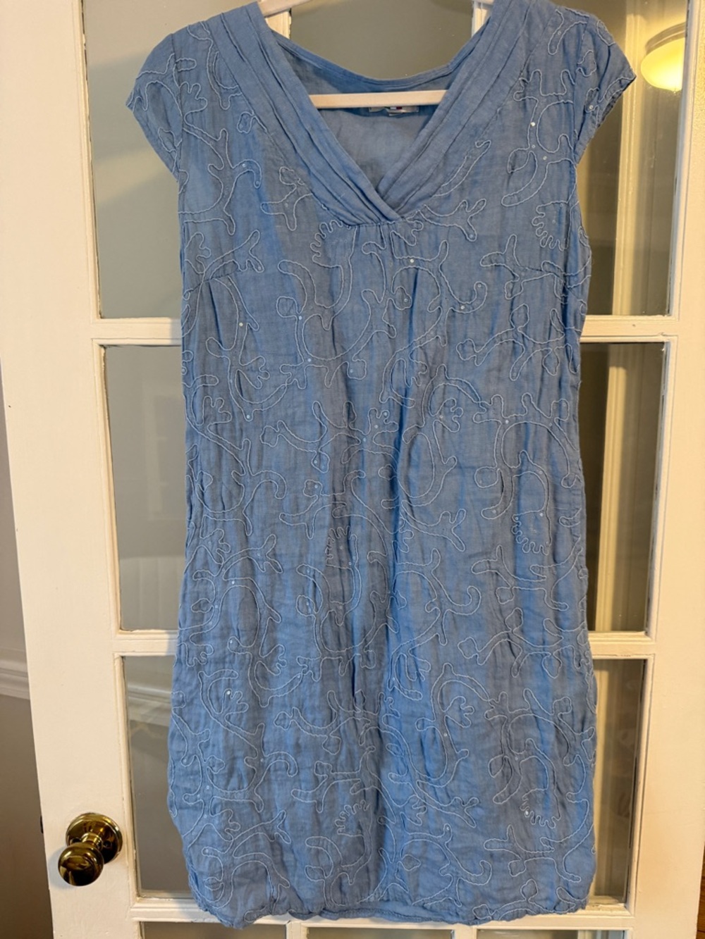 Lina Tomei Linen Blue Embroidered V-Neck Shift Dress